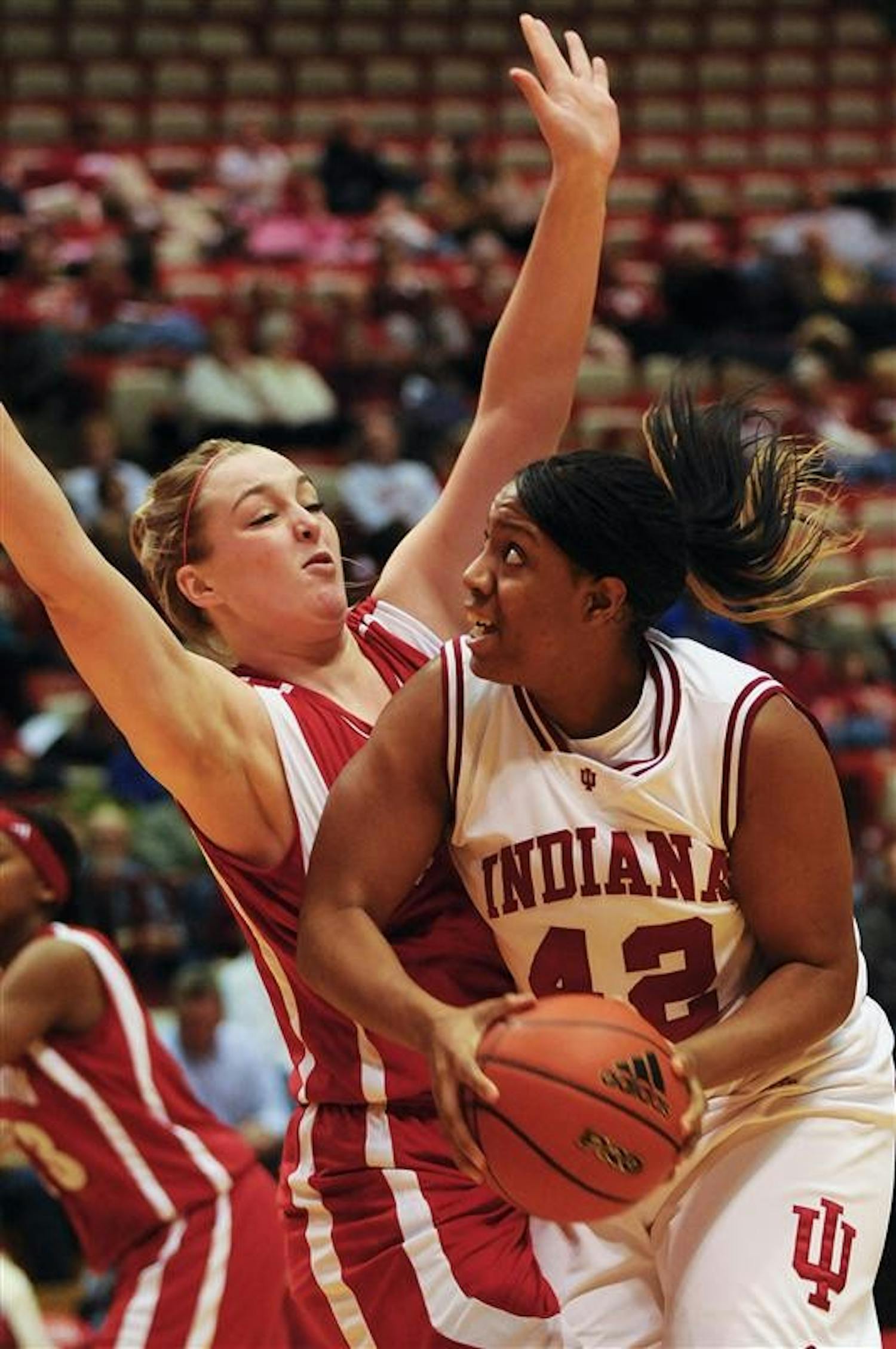IU forward Amber Jackson posts up during IU’s 64-61 win against Wisconsin on Thursday evening at Assembly Hall. Jackson had six points in the game.