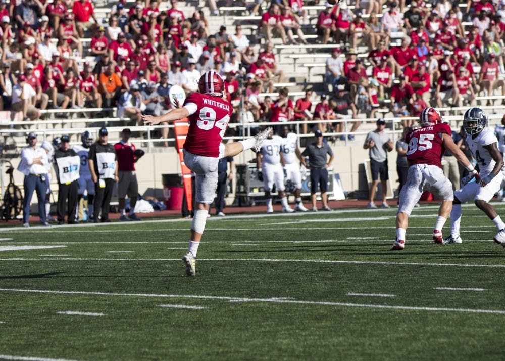 Sophomore punter Haydon Whitehead punts the ball in the second quarter against Georgia Southern last Saturday afternoon at Memorial Stadium. IU's loss to No. 4 Penn State on Saturday was due in large part to errors made by the IU special teams unit.&nbsp;
