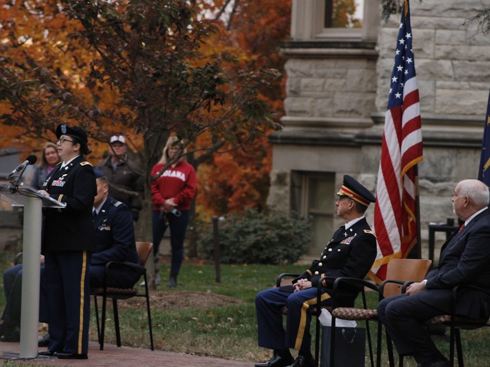 Col. Santee B. Vasque, commander of Crane Army Ammunition Activity, gives a speech for the veterans day ceremony on Nov. 11, 2021, outside of Franklin Hall. “Each year we set aside this day to celebrate and pay tribute to veterans for their devotion, patriotism, selfless service and sacrifice on behalf of us all,” Vasquez said during the ceremony.