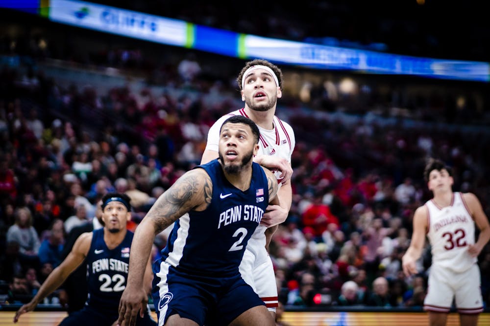 <p>Graduate senior forward Race Thompson looks to grab a rebound Mar. 11, 2023, at the United Center in Chicago, Illinois. Penn State defeated Indiana 77-73.</p>