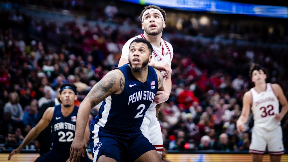 Graduate senior forward Race Thompson looks to grab a rebound Mar. 11, 2023, at the United Center in Chicago, Illinois. Penn State defeated Indiana 77-73.