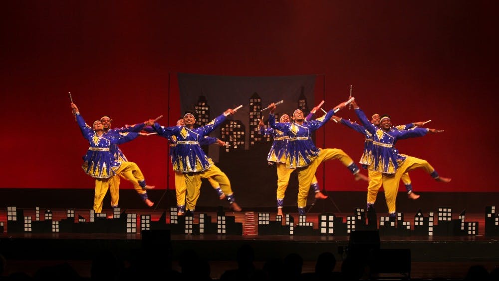 Dancers perform during Raas Royalty's national Indian dance competition Feb. 8, 2015, in the IU Auditorium. The competition showcases the eight intercollegiate teams that perform around the country.