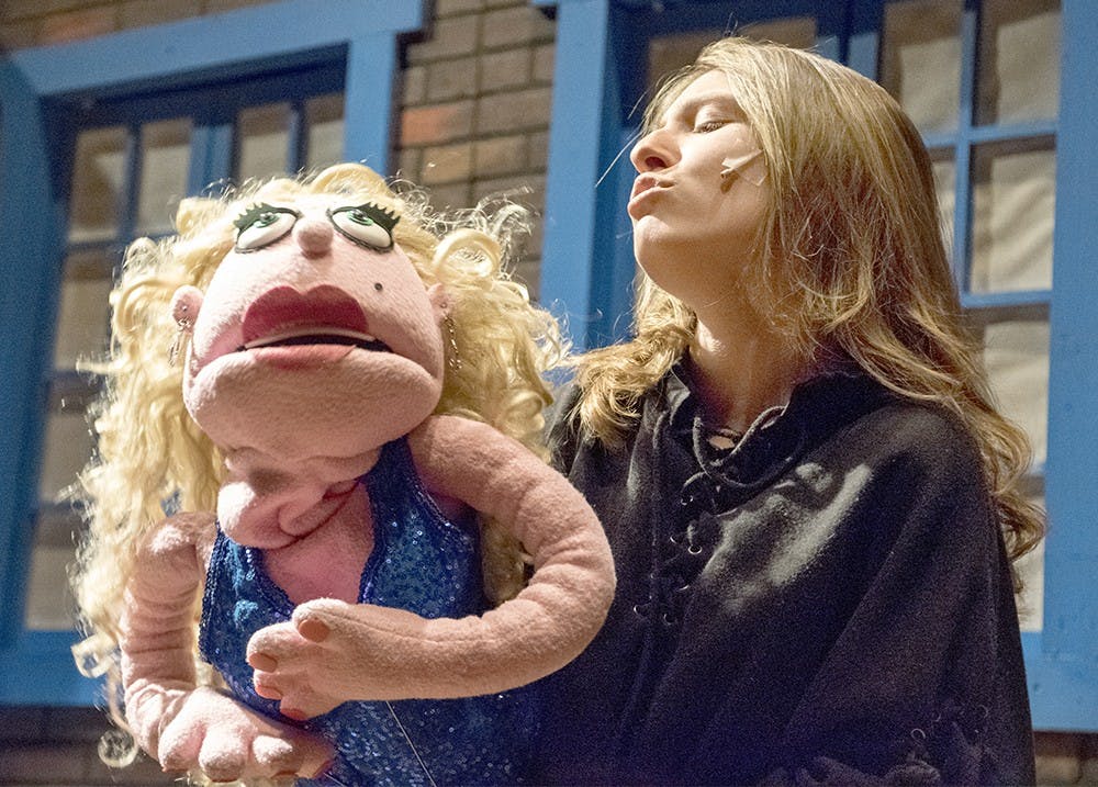 Maia Katz practices her role during a rehearsal of Avenue Q Monday evening at Ivy Tech John Waldron Arts Center. Avenue Q is a musical consisted of humans and puppets. Tho show will be presented Thursday. 