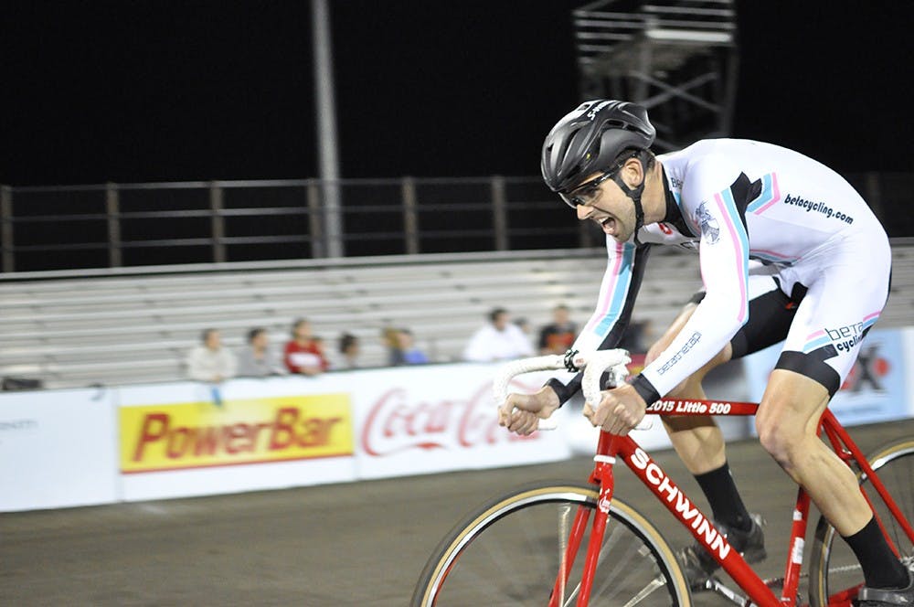 Rider Christopher Craig of Beta Theta Pi races down the backstretch during heat 58 of ITTs on Wednesday evening at Bill Armstrong Stadium.