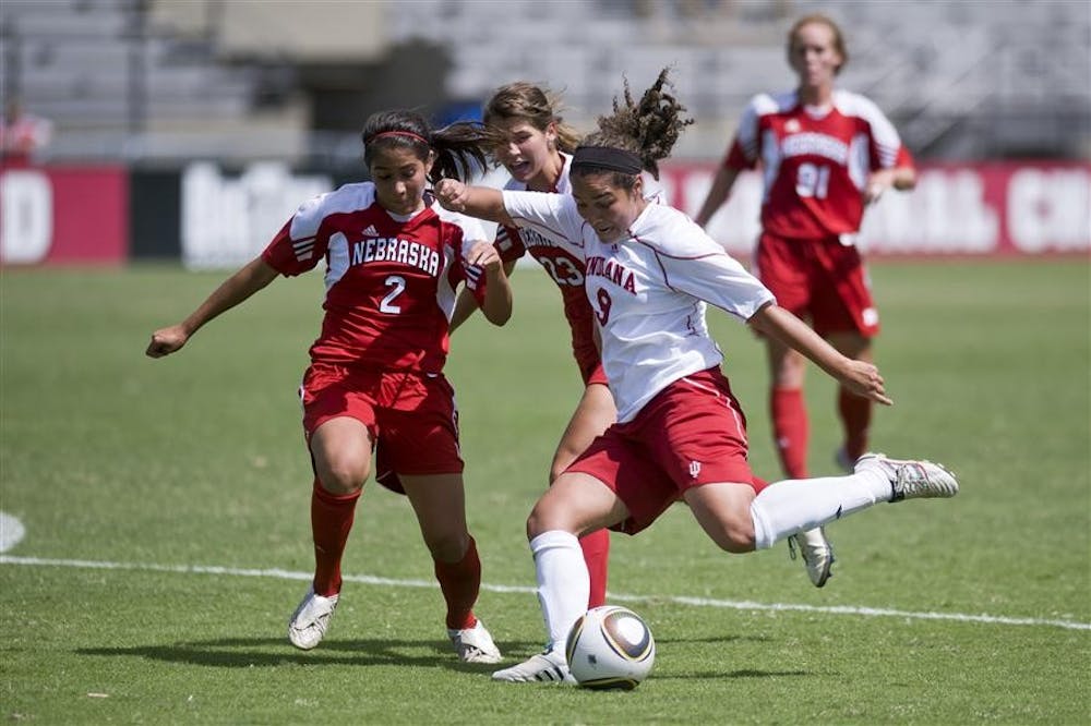 Sophomore forward Orianica Velasquez takes a shot during IU's 3-1 loss to Nebraska on Saturday at Bill Armstrong Stadium.