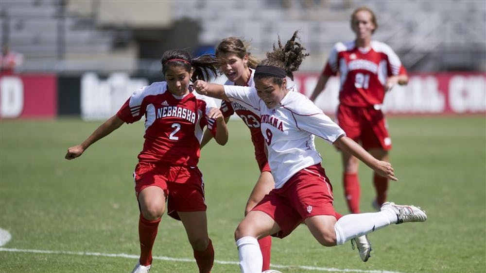 Sophomore forward Orianica Velasquez takes a shot during IU's 3-1 loss to Nebraska on Saturday at Bill Armstrong Stadium.