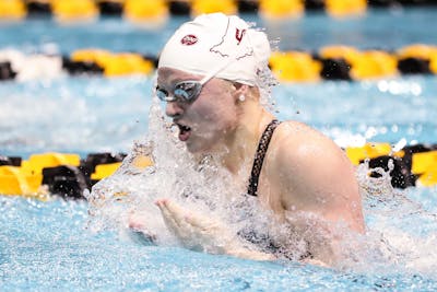 Then-freshman Emily Weiss swims Feb. 21 during the Big Ten Championships at Campus Recreation and Wellness Center in Iowa City, Iowa. Weiss said she has trained at a friend’s pool, a lake in Yorktown, Indiana, ﻿Monroe Lake in Bloomington and IU’s club pool in Martinsville, Indiana, since the season ended in March.