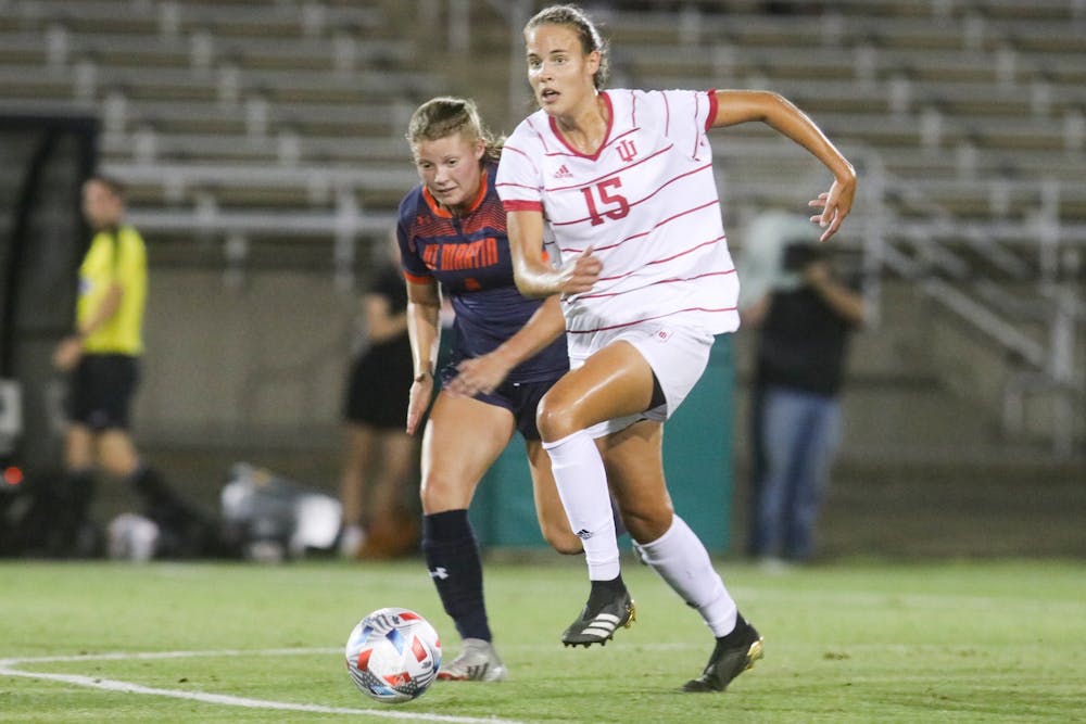 <p>Graduate student defender Hanna Németh runs towards the ball Aug. 26, 2021, in Bill Armstrong Stadium. The Hoosiers defeated the University of Tennessee at Martin 1-0. </p>