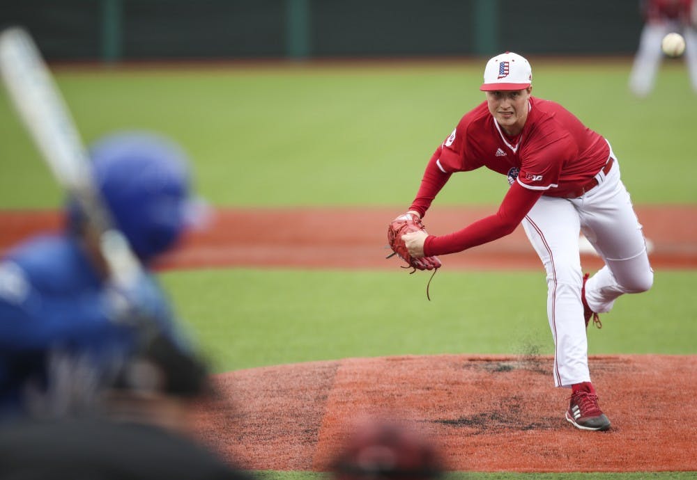 <p>Junior Tim Herrin pitches the ball during the Hoosiers' game against the Indiana State Sycamores on Tuesday, April 10. IU defeated Nebraska 8-6 on Sunday.</p>
