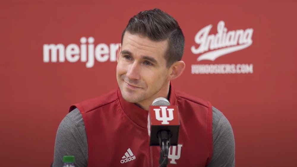 New Indiana football offensive coordinator Walt Bell speaks at his introductory press conference on Dec. 12, 2021. Bell said his first priority for the offense is running the football.