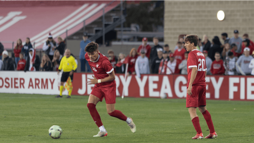 Freshman forward Luka Bezerra goes to score a goal against Trine University Oct. 27, 2022, at Bill Armstrong Stadium. Bezerra scored his first goal for Hoosiers during the game.