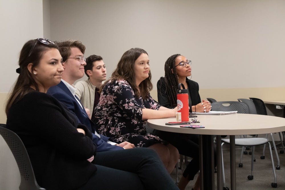 <p>Students sit together April 28 to discuss leadership roles and executive branch duties in IU Student Government in the Kelley School of Business. IU Student Government represents the student body on campus.</p><p></p><p></p>