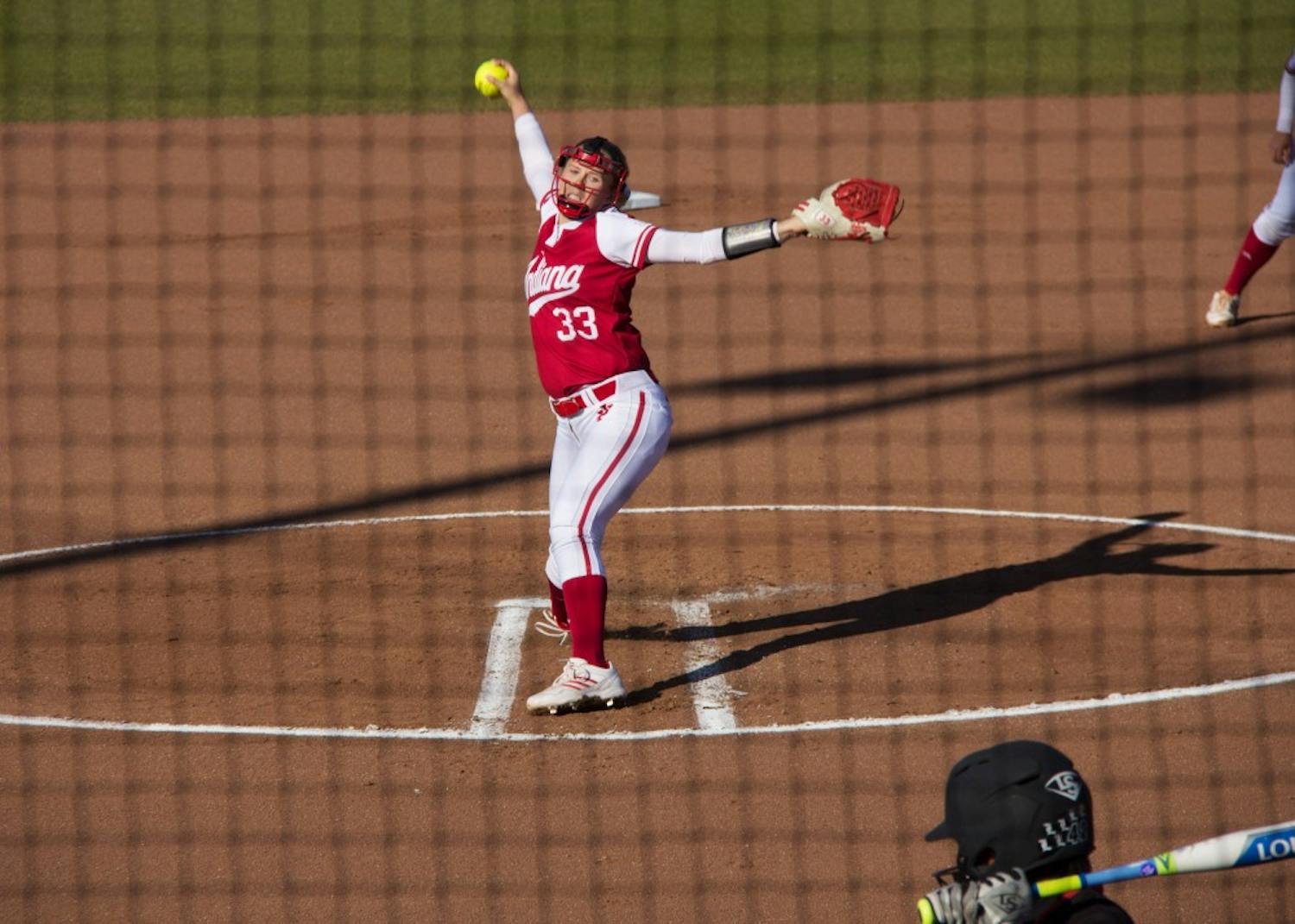 Then-freshman pitcher Tara Trainer, now a junior, throws a pitch during an April 2016 game against the University of Louisville. The Hoosiers went 1-3 in the Samford Tournament this weekend.