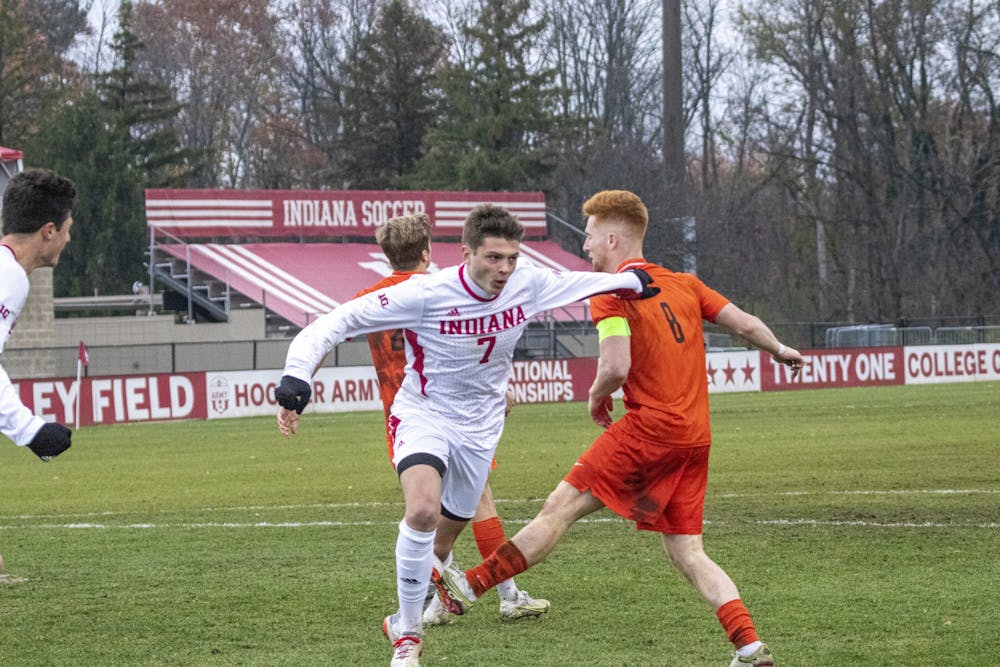 <p>IU junior forward Victor Bezerra celebrates after scoring a goal against Bowling Green State University on Nov. 21, 2021, at Bill Armstrong Stadium. Indiana scored two second half goals to win 2-0 in the second round of the NCAA Tournament.</p>
