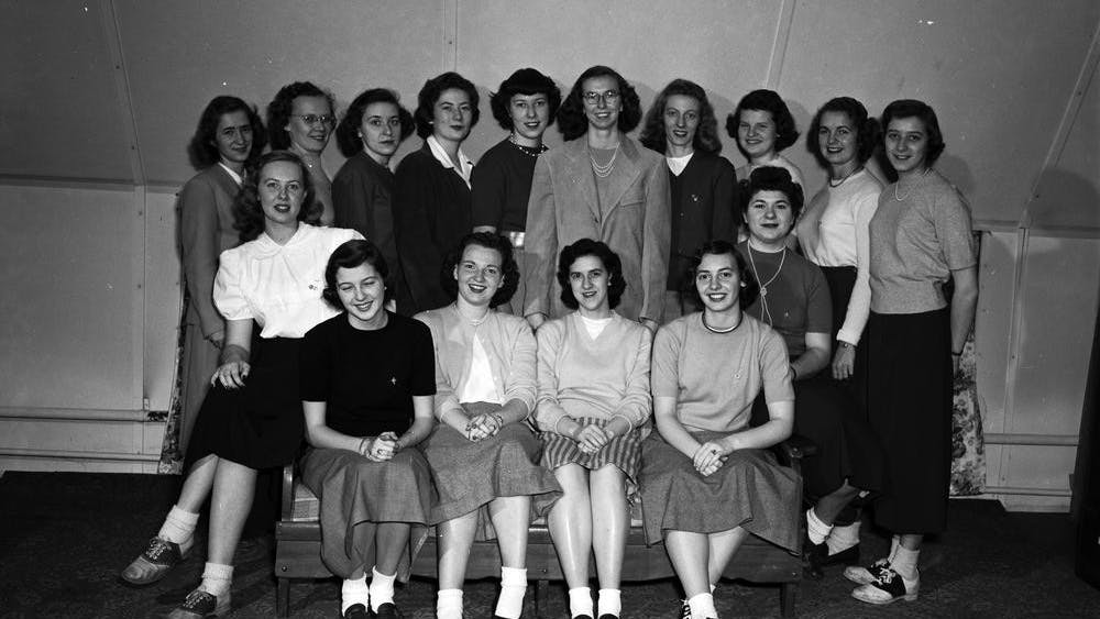 The IU Women’s Recreational Association poses for a group photo in 1949. The organization The organization worked to expand the recreational athletic opportunities for women on campus before Title IX was enacted in 1972.