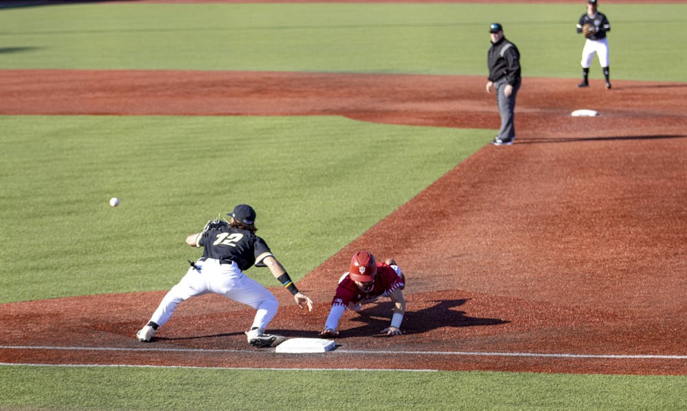 <p>﻿Sophomore outfielder Bobby Whalen attempts to return to the bag on a pick-off throw against Purdue University Fort Wayne on March 9, 2022, at Bart Kaufman Field. Indiana will play Northwestern in its first Big Ten matchup of the season this weekend.</p>