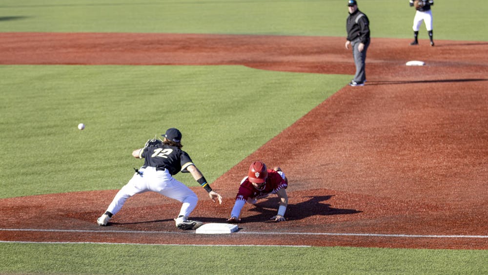 ﻿Sophomore outfielder Bobby Whalen attempts to return to the bag on a pick-off throw against Purdue University Fort Wayne on March 9, 2022, at Bart Kaufman Field. Indiana will play Northwestern in its first Big Ten matchup of the season this weekend.
