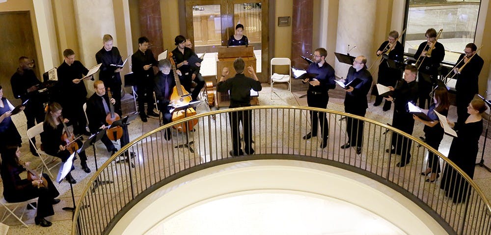 Members of Historical Performance Institute from Jaocbs School of Music and Alchymy Viols perform Alchymy Friday at the courthouse. Bloomington Early Music, Alchymy Viols, and Historical Performance Institute opened a free public concert of 17th century music works. 