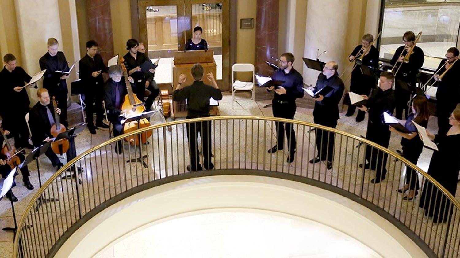 Members of Historical Performance Institute from Jaocbs School of Music and Alchymy Viols perform Alchymy Friday at the courthouse. Bloomington Early Music, Alchymy Viols, and Historical Performance Institute opened a free public concert of 17th century music works. 