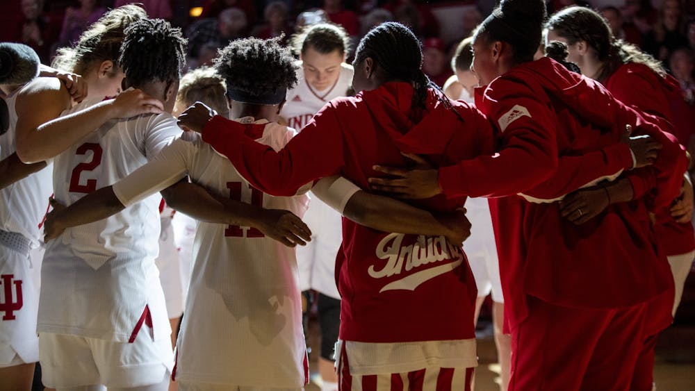 The IU women’s basketball team huddles together before its match against Mount St. Mary’s University on Nov. 7 at Simon Skjodt Assembly Hall. IU will play against Jackson State University on Nov. 17 at home. 