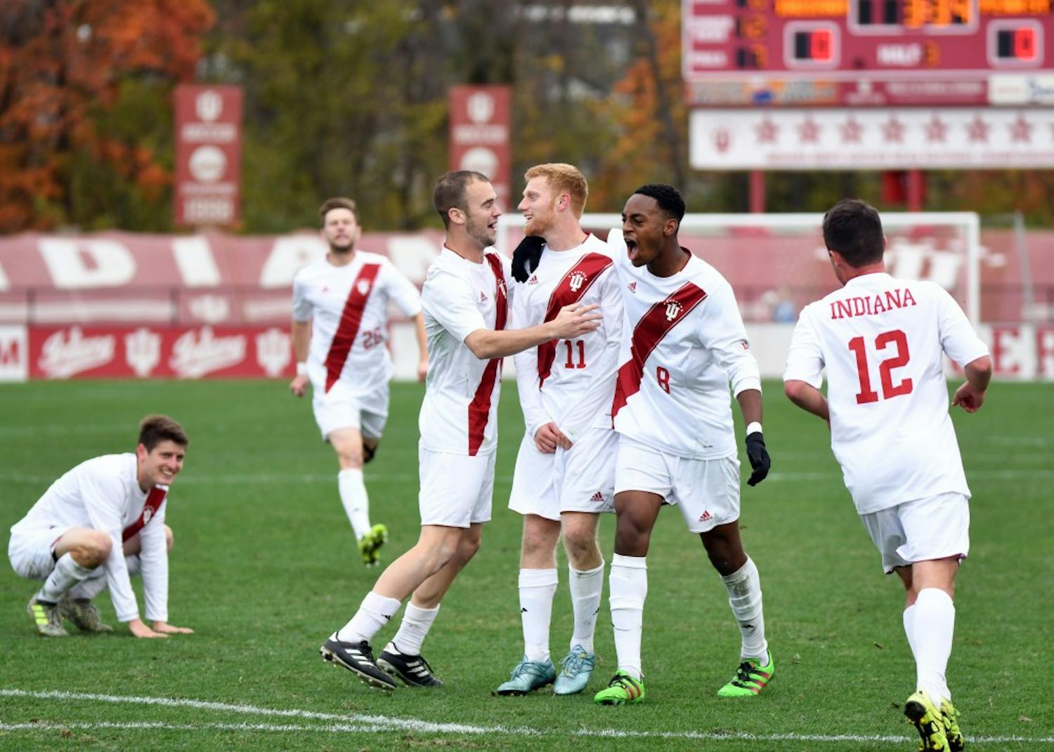 IU celebrates after then-junior midfielder Cory Thomas scored the game-winning goal against Penn State on Nov. 6 at Bill Armstrong Stadium. IU played No. 4 Akron to a draw in their final exhibition match of 2018.