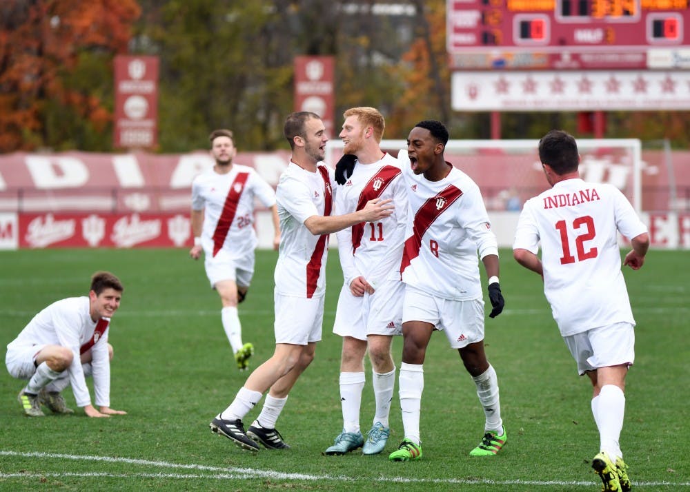 <p>IU celebrates after then-junior midfielder Cory Thomas scored the game-winning goal against Penn State on Nov. 6 at Bill Armstrong Stadium. IU played No. 4 Akron to a draw in their final exhibition match of 2018.</p>