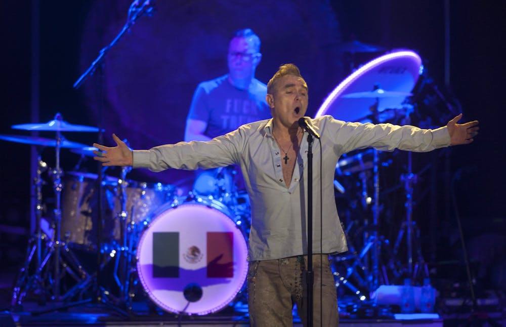 <p>British singer Morrissey performs during his concert March 29, 2017, at the Citibanamex arena in Monterrey Nuevo Leon, Mexico.</p>