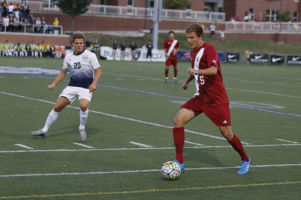 Sophomore defender Grant Lilard dribbles the ball during IU's game against Bulter on Wednesday at the Butler Bowl. 