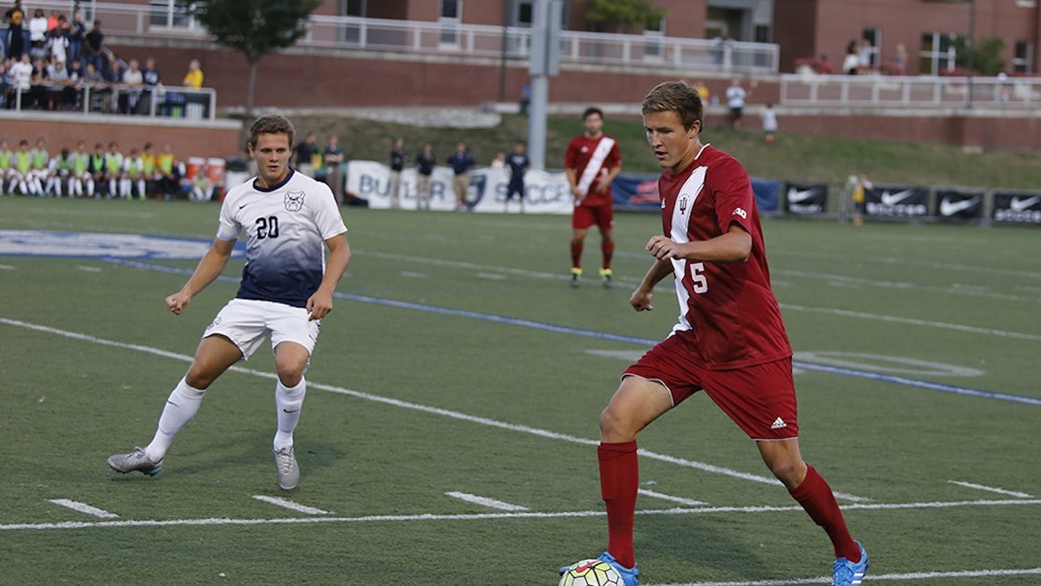 Sophomore defender Grant Lilard dribbles the ball during IU's game against Bulter on Wednesday at the Butler Bowl. 