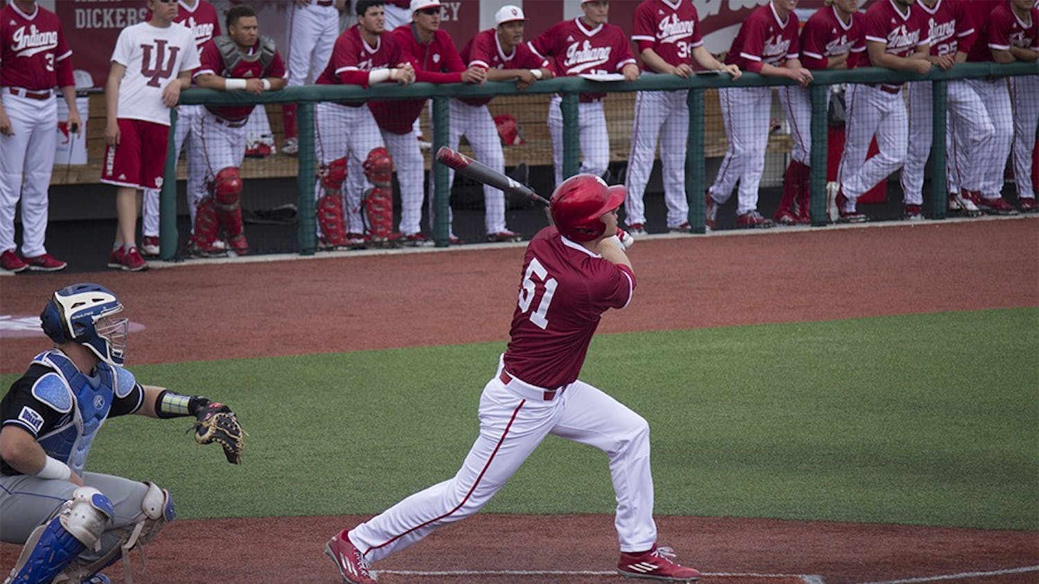 Sophomore outfielder Logan Sowers hits his second home run of the day March 27 at Bart Kaufman field against Indiana State. IU won 5-3. 