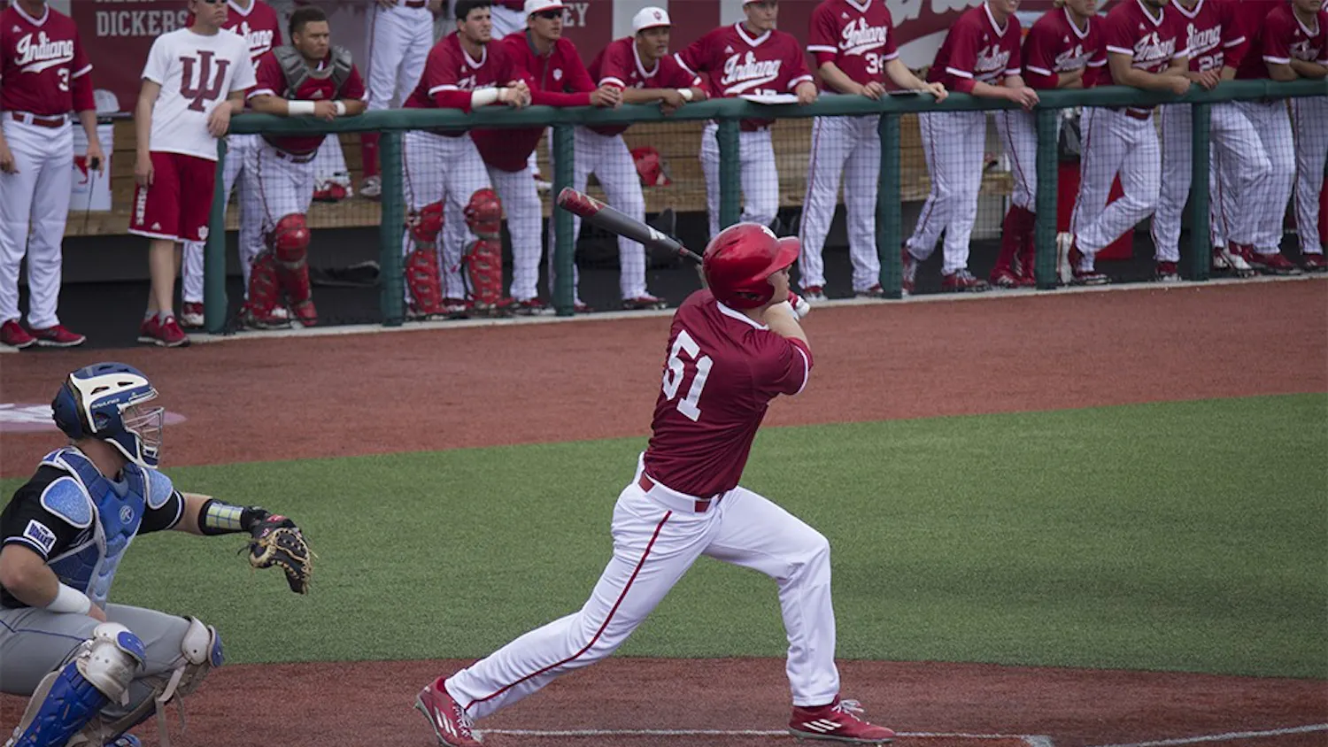Sophomore outfielder Logan Sowers hits his second home run of the day March 27 at Bart Kaufman field against Indiana State. IU won 5-3.