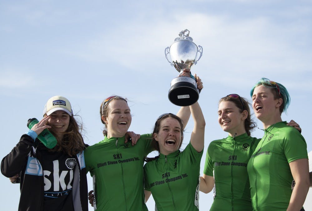 <p>SKI cycling team hold up its trophy after the women’s Little 500 race April 12 at Bill Armstrong Stadium. SKI earned third place behind Teter and Delta Gamma. </p>