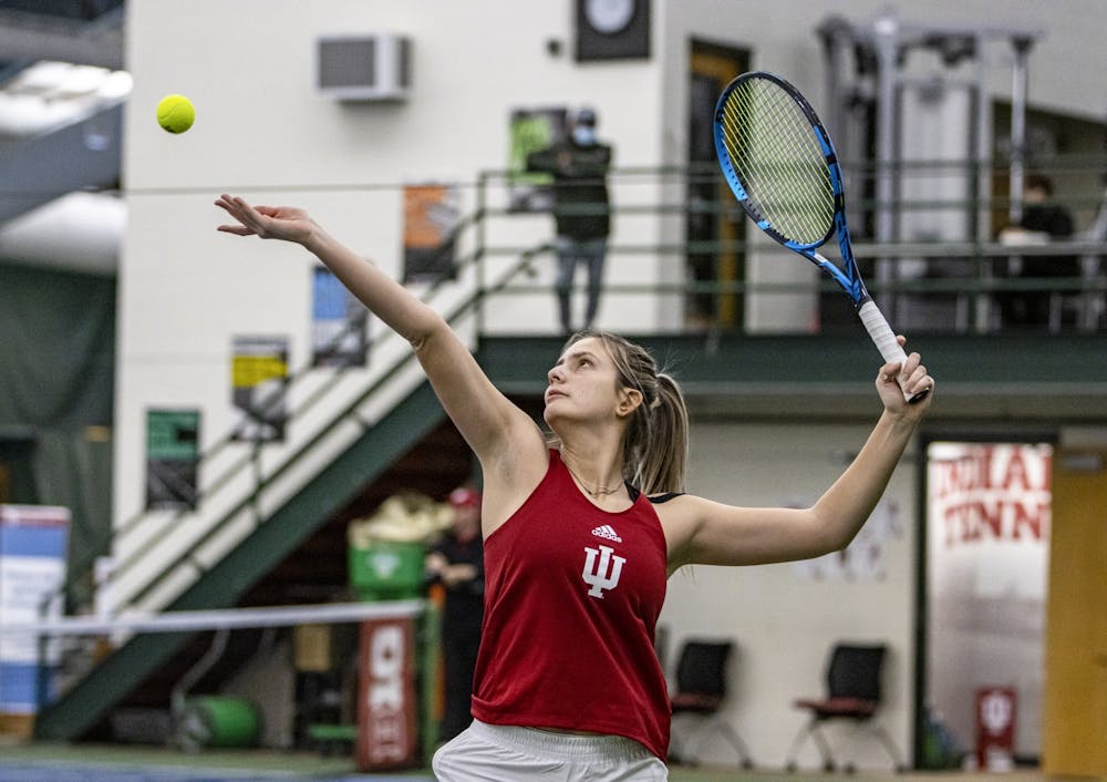 <p>Junior Mila Mejic serves against Marquette on Feb. 6, 2022, at the IU Tennis Center. Indiana defeated No. 65 Purdue 4-2 on Saturday at the IU Tennis Center.<br/><br/></p>