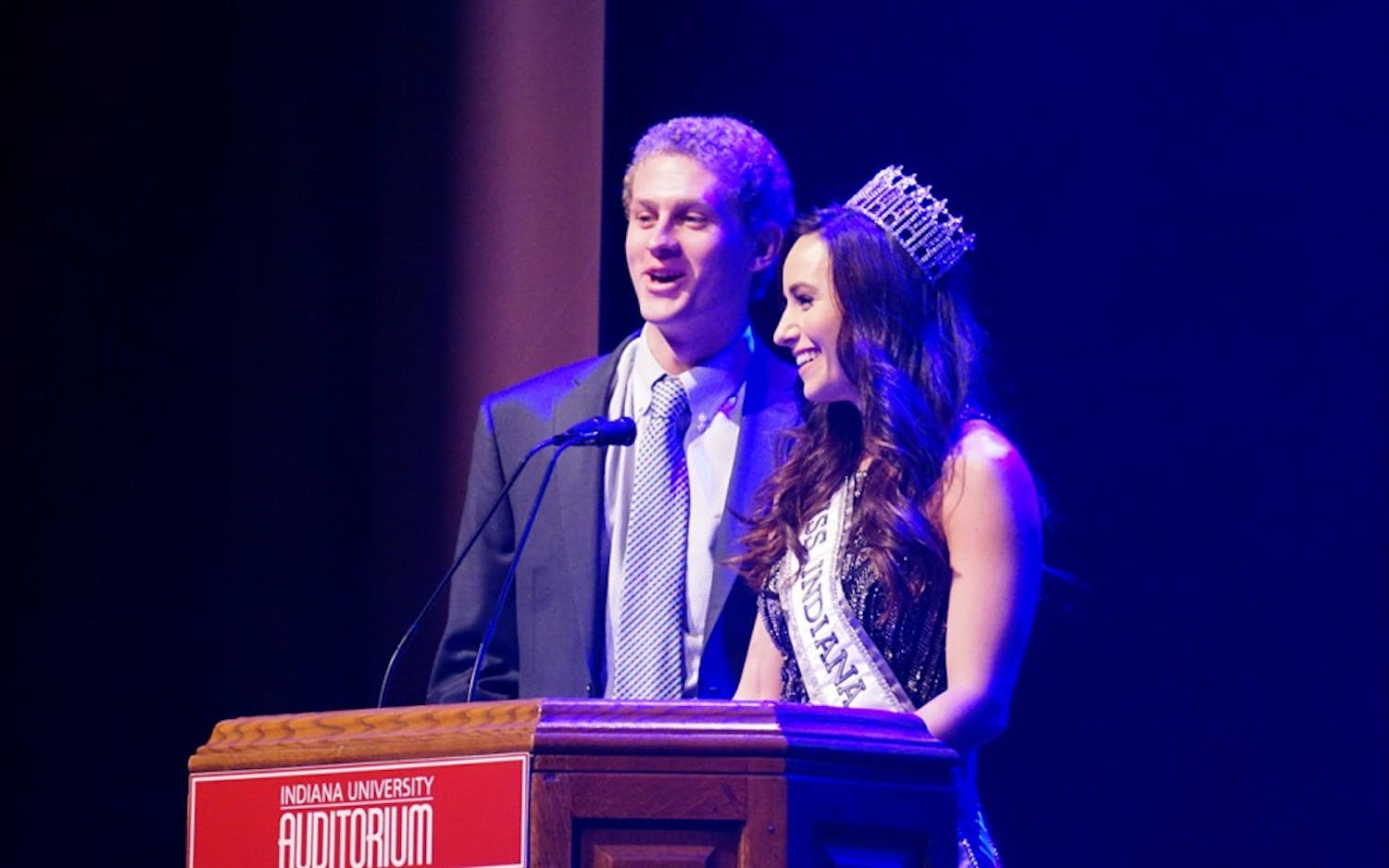 Masters of ceremonies&nbsp;Brittany Winchester&nbsp;and Adam Weber introduce this year's Miss Greek IU contestants. This event took place Sunday night in the IU Auditorium.