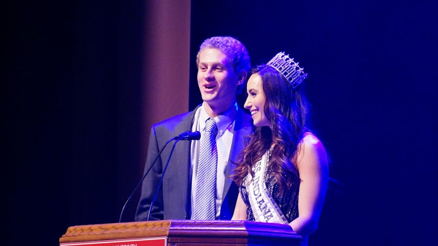 Masters of ceremonies&nbsp;Brittany Winchester&nbsp;and Adam Weber introduce this year's Miss Greek IU contestants. This event took place Sunday night in the IU Auditorium.