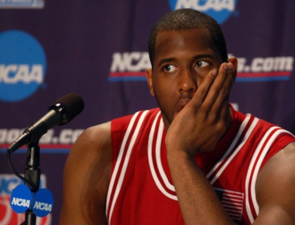 Geoffrey Miller • IDS
Junior D.J. White addresses the media following the season-ending defeat. The IU Hoosiers played the UCLA Bruins Saturday, March 17, during the second round of the NCAA Men's Basketball Tournament in Sacramento, falling 54-49.