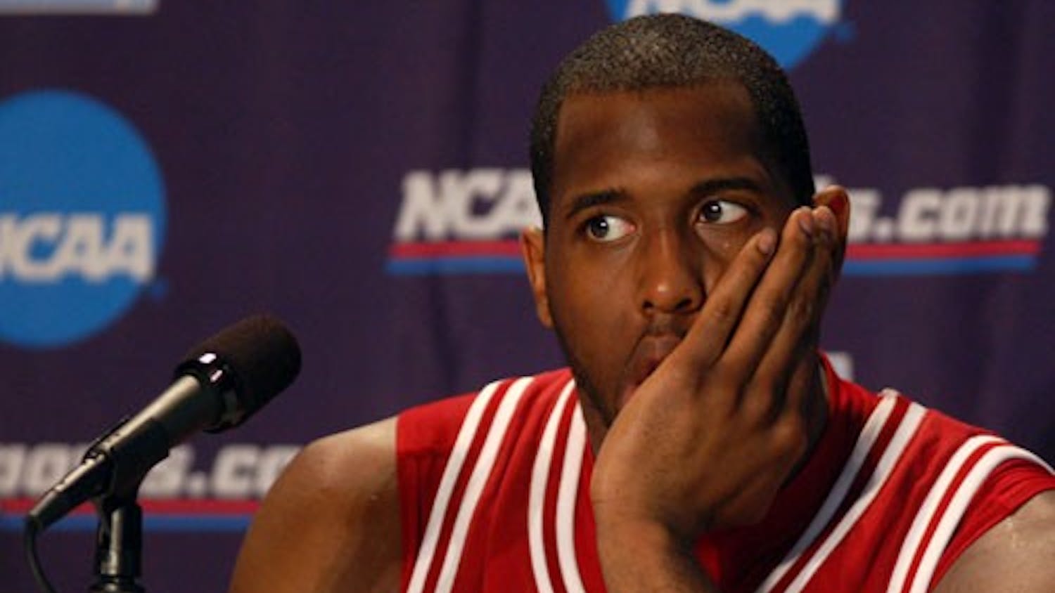 Geoffrey Miller • IDS
Junior D.J. White addresses the media following the season-ending defeat. The IU Hoosiers played the UCLA Bruins Saturday, March 17, during the second round of the NCAA Men's Basketball Tournament in Sacramento, falling 54-49.