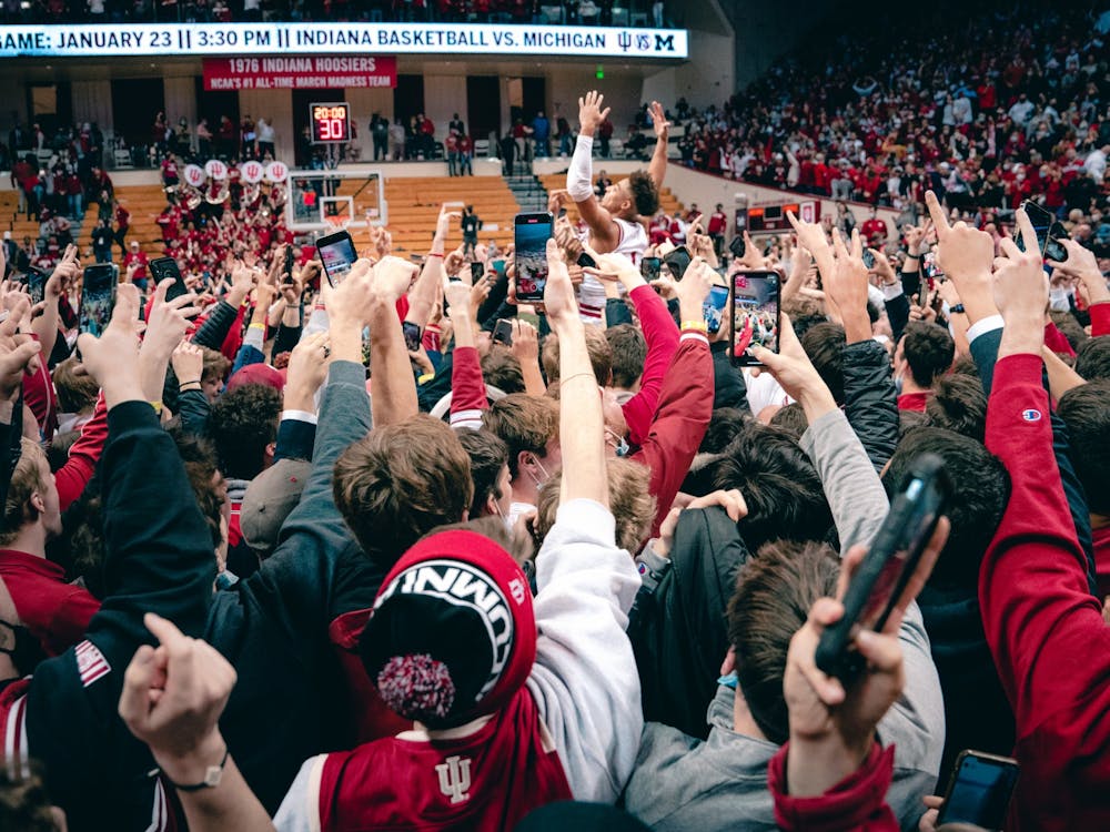 Indiana senior guard Rob Phinisee is hoisted above the crowd by his teammates after Indiana defeated No. 4 Purdue 68-65. Phinisee hit a go ahead 3-pointer with under a minute left in the game.