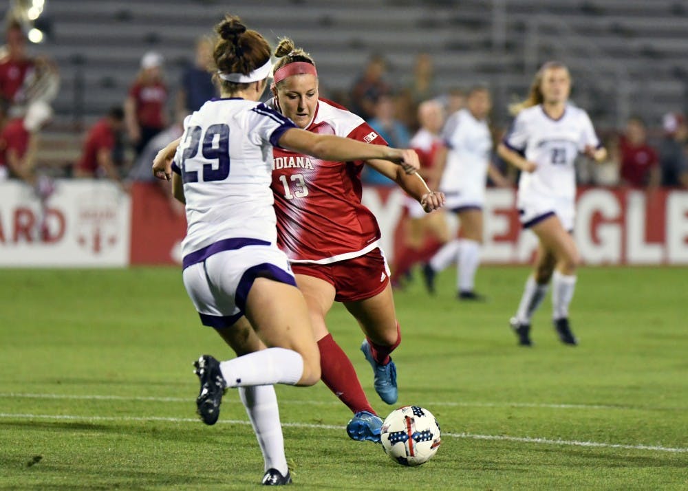 Junior forward Maya Piper scores a goal in the first minute against Northwestern Thursday evening at Bill Armstrong Stadium. IU lost to Northwestern, 2-1, to fall to 5-5-2 on the season.