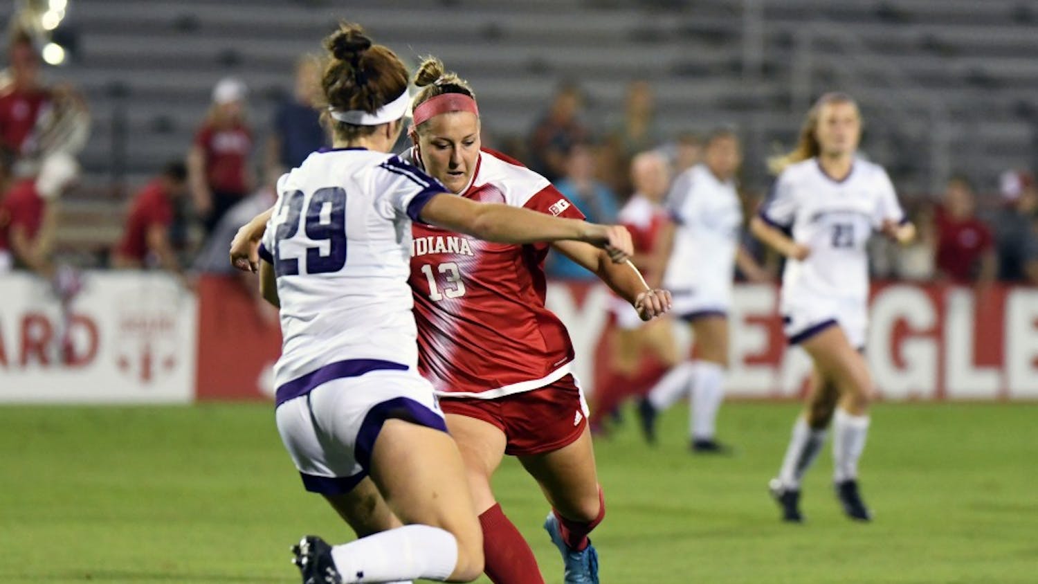 Junior forward Maya Piper scores a goal in the first minute against Northwestern Thursday evening at Bill Armstrong Stadium. IU lost to Northwestern, 2-1, to fall to 5-5-2 on the season.