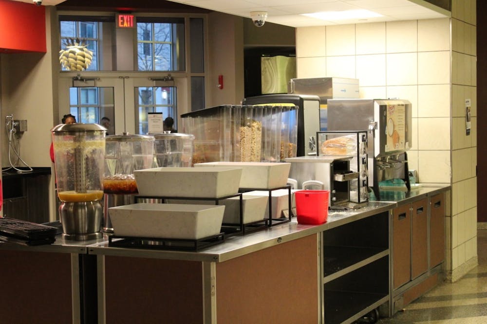 <p>A table between the &quot;Medley&quot; and the beverages includes different breakfast options for students on March 26, 2023, in the Forest Dining Hall. Director of IU Residential Dining Ken Field noticed the growing popularity of students using the Scratch Café and felt the need to expand the area.</p>