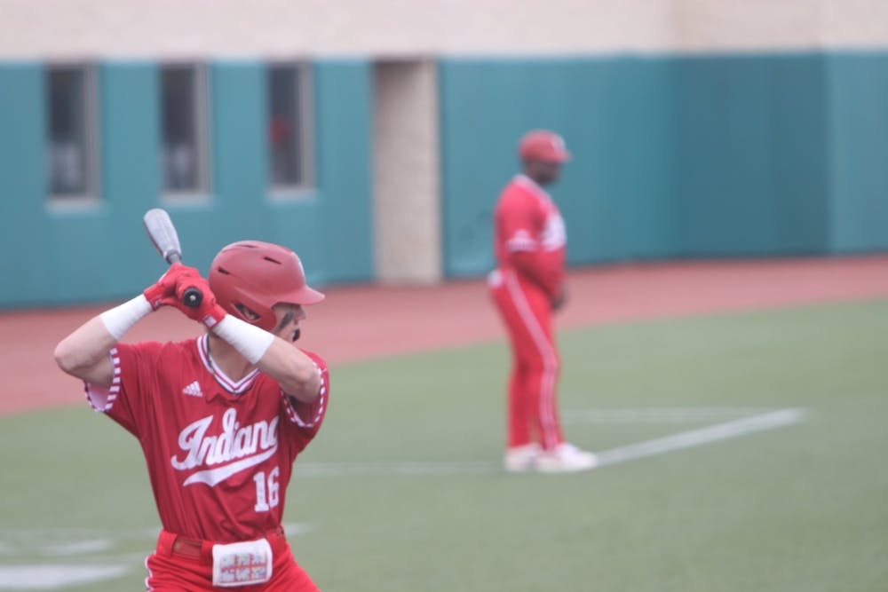 <p>Redshirt sophomore Bobby Whalen prepares to swing his bat April 24, 2022, at Bart Kaufman Field. Indiana baseball has posted 52 starting lineups this season, and Whalen&#x27;s name has appeared each time.</p>