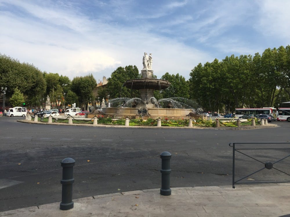 Fontaine de la Rotonde, a historic fountain at the end of Aix-en-Provence's main thoroughfare. It was designed in 1860, and the figures represent justice, agriculture and the fine arts.