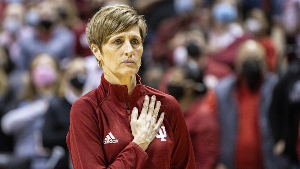 Indiana head coach Teri Moren stands for the national anthem prior to the game against Michigan State on Feb. 12, 2022, at Simon Skjodt Assembly Hall. Indiana will play Iowa on Feb. 21, 2022, in Iowa City, Iowa. 