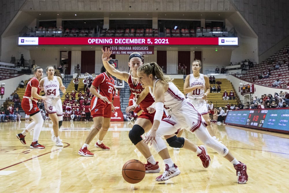 <p>Graduate guard Nicole Cardaño-Hillary drives by a defender on Dec. 9, 2021, at Simon Skjodt Assembly Hall. Indiana will play Northwestern at 6 p.m. Feb. 17 at home. </p>