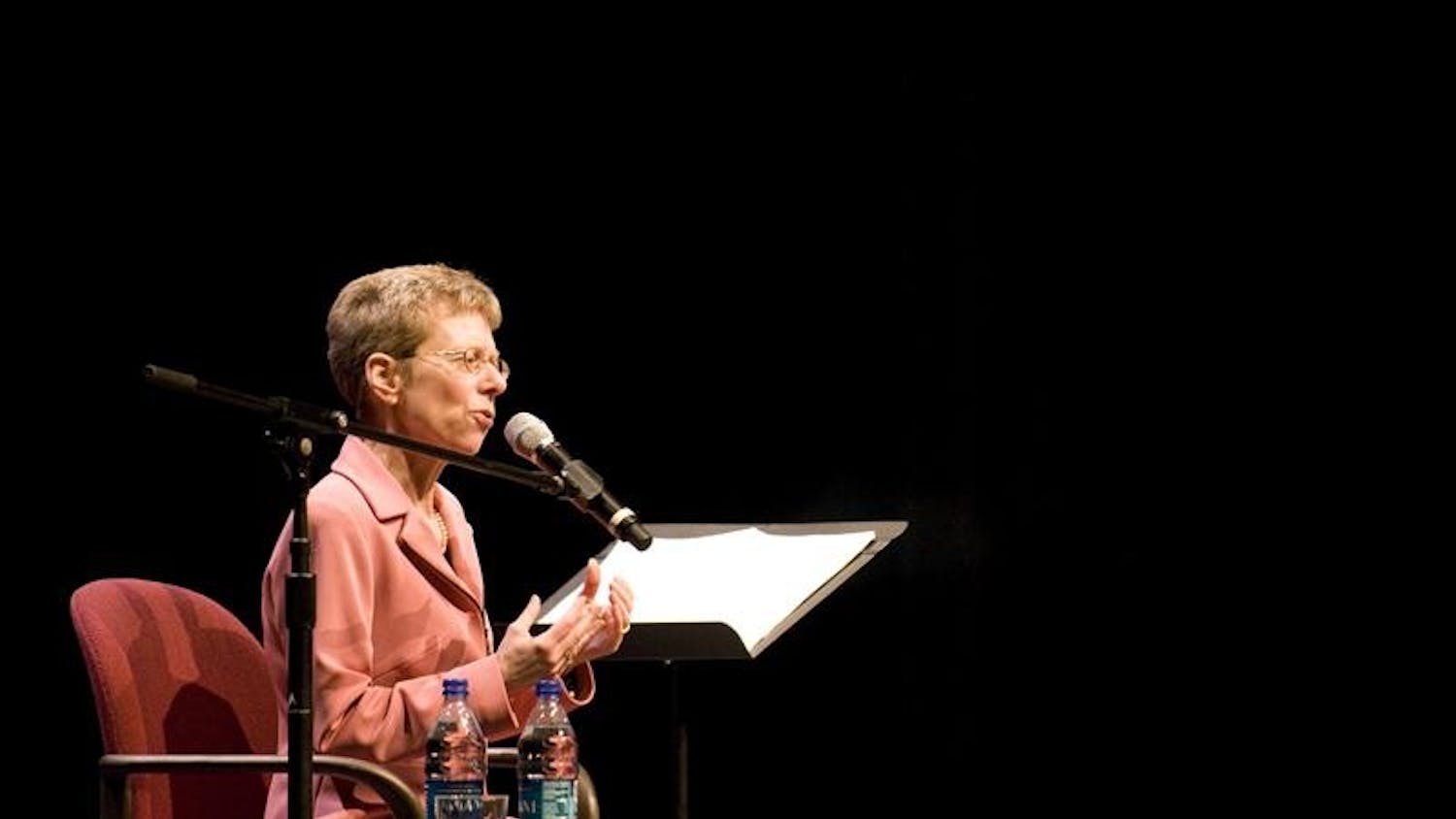 Terry Gross, host of NPR's Fresh Air, speaks Wednesday evening at the IU Auditorium. Gross shared sound clips highlighting her three decades in broadcasting.