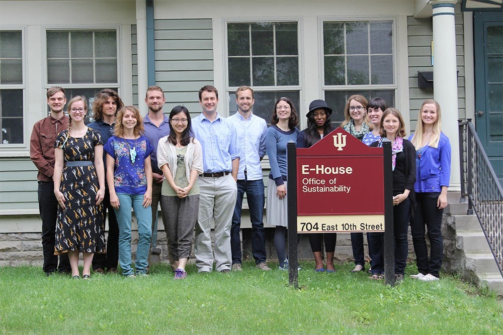 The Summer 2015 sustainability interns pose in front of the E-House Office of Sustainability.  The interns worked on projects to promote sustainability in the community.