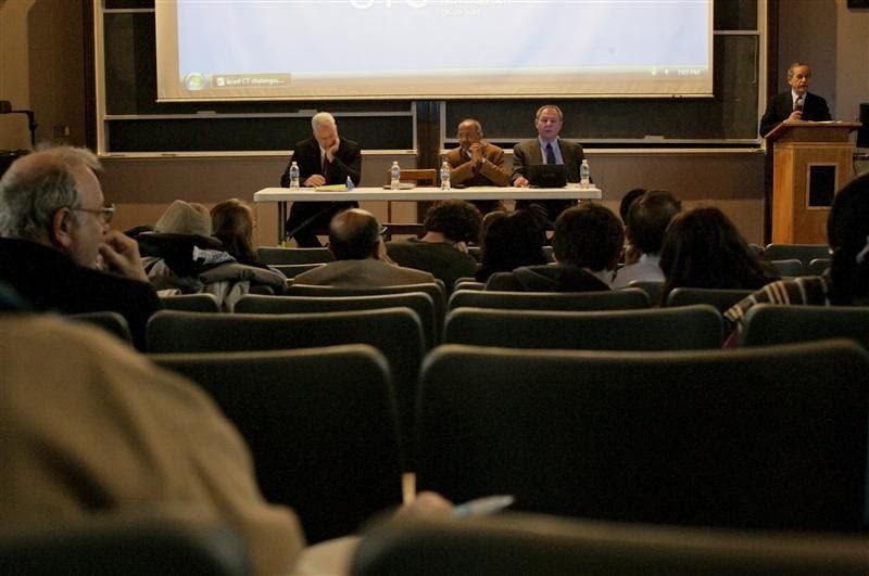 Boaz Ganor, Sumit Ganguly and Kemal Silay wait while Alvin Rosenfeld, right, introduces the speakers for the symposium on terrrorism "From Mumbai to Gaza: Indian, Israeli, and Turkish Responses to Global Terror" Wednesday evening in Rawles Hall. Ganor, Ganguly and Silay are all experts on Israel, India and Turkey respectively. The purpose of the lecture was to explain how these three countries, which have been repeatedly targeted by terror attacks, comprehend and cope with such hostility.