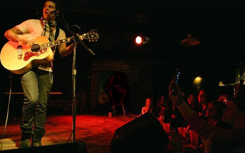 Ryan Cabrera performs Monday evening at the Bluebird. Cabrera arrived in Bloomington Sunday after a 12 hour drive, and then played short sets at the Sigma Delta Tau, Delta Delta Delta and the Alpha Epsilon Phi houses before resting for the night. Cabrera's recent album "The Moon Under Water" was released in May, 2008, and is his first album not on a major record label.