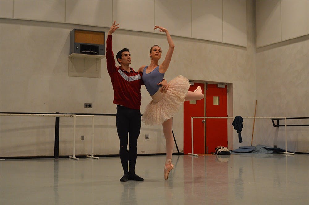 Cara Hansvick and her partner, Andrew Copeland, rehearse for IU Opera & Ballet Theater's "The Nutcracker" ballet. The opening performance of "The Nutcracker" will be at 7:30 p.m. Dec. 3 in the Musical Arts Center. 